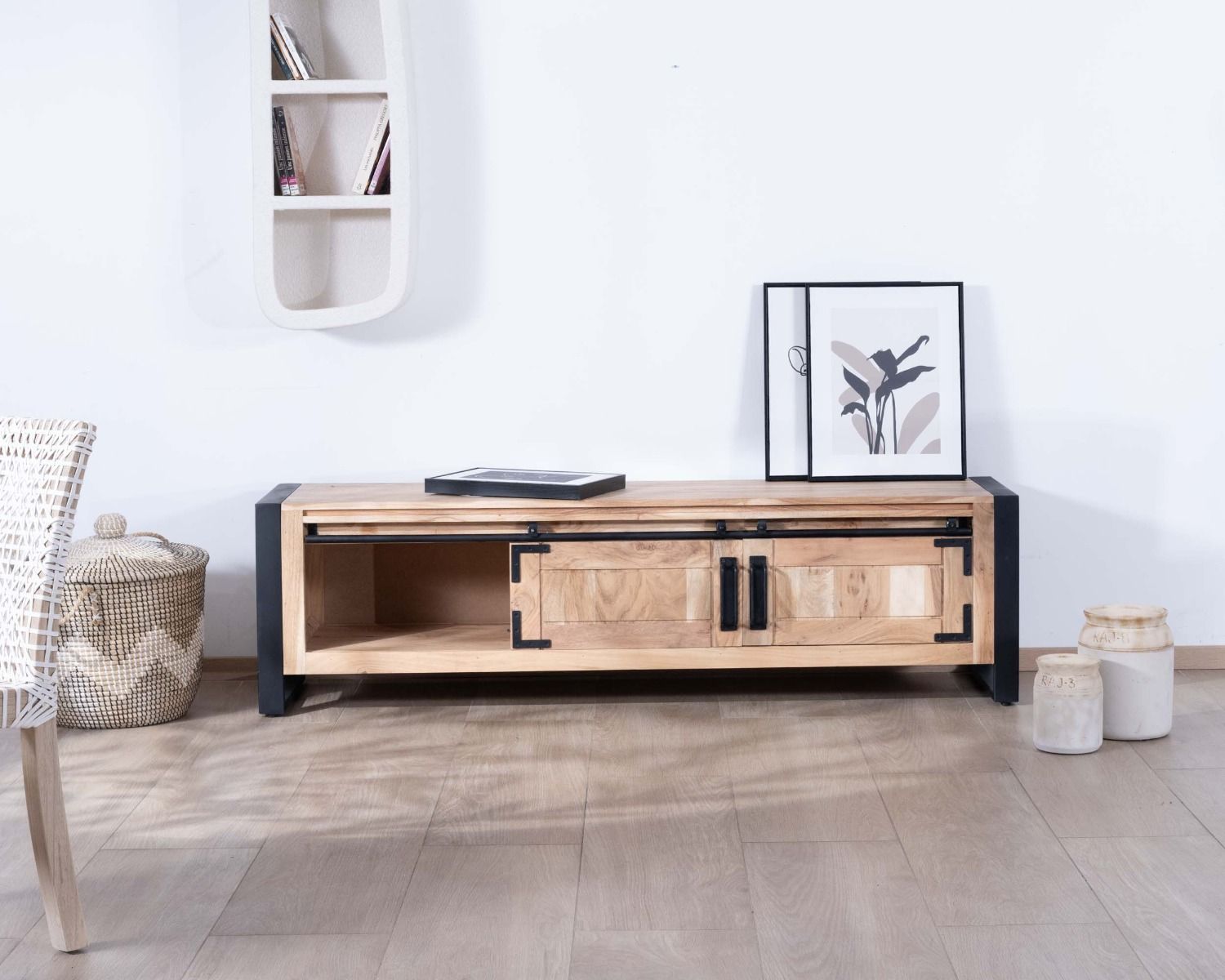 Porta TV industriale in legno e metallo 2 porte 2 scomparti "Montréal