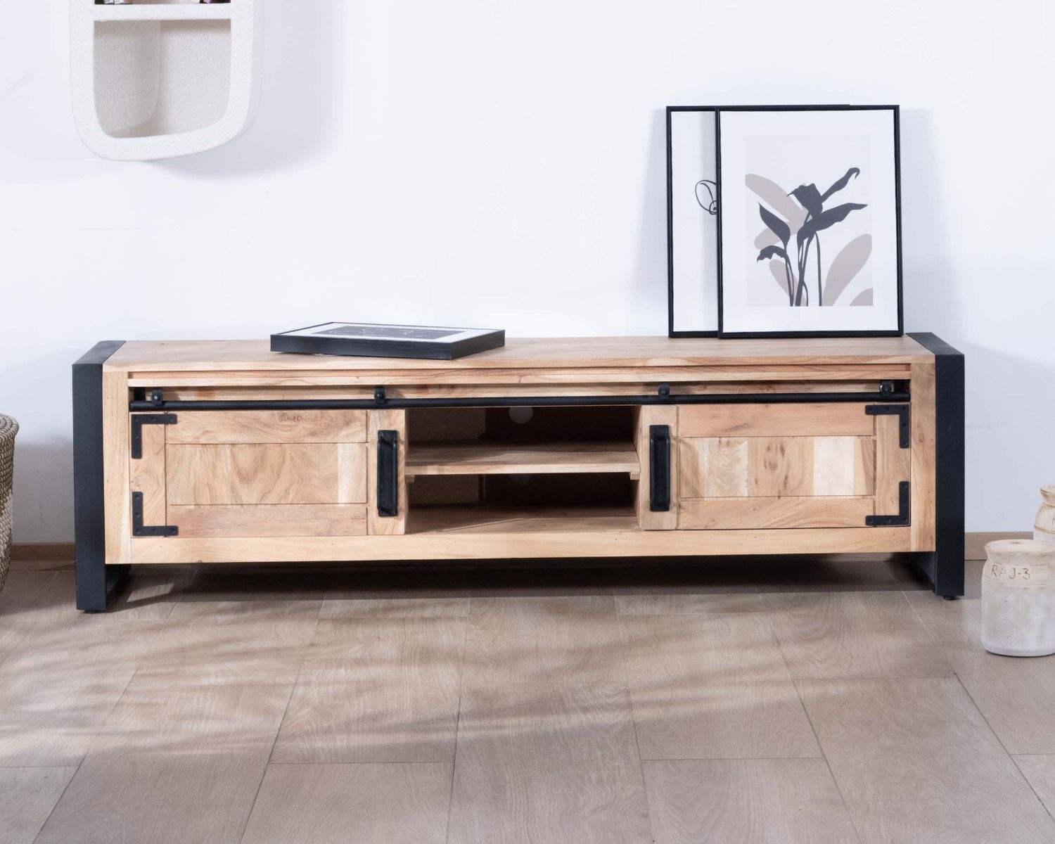 Porta TV industriale in legno e metallo 2 porte 2 scomparti "Montréal