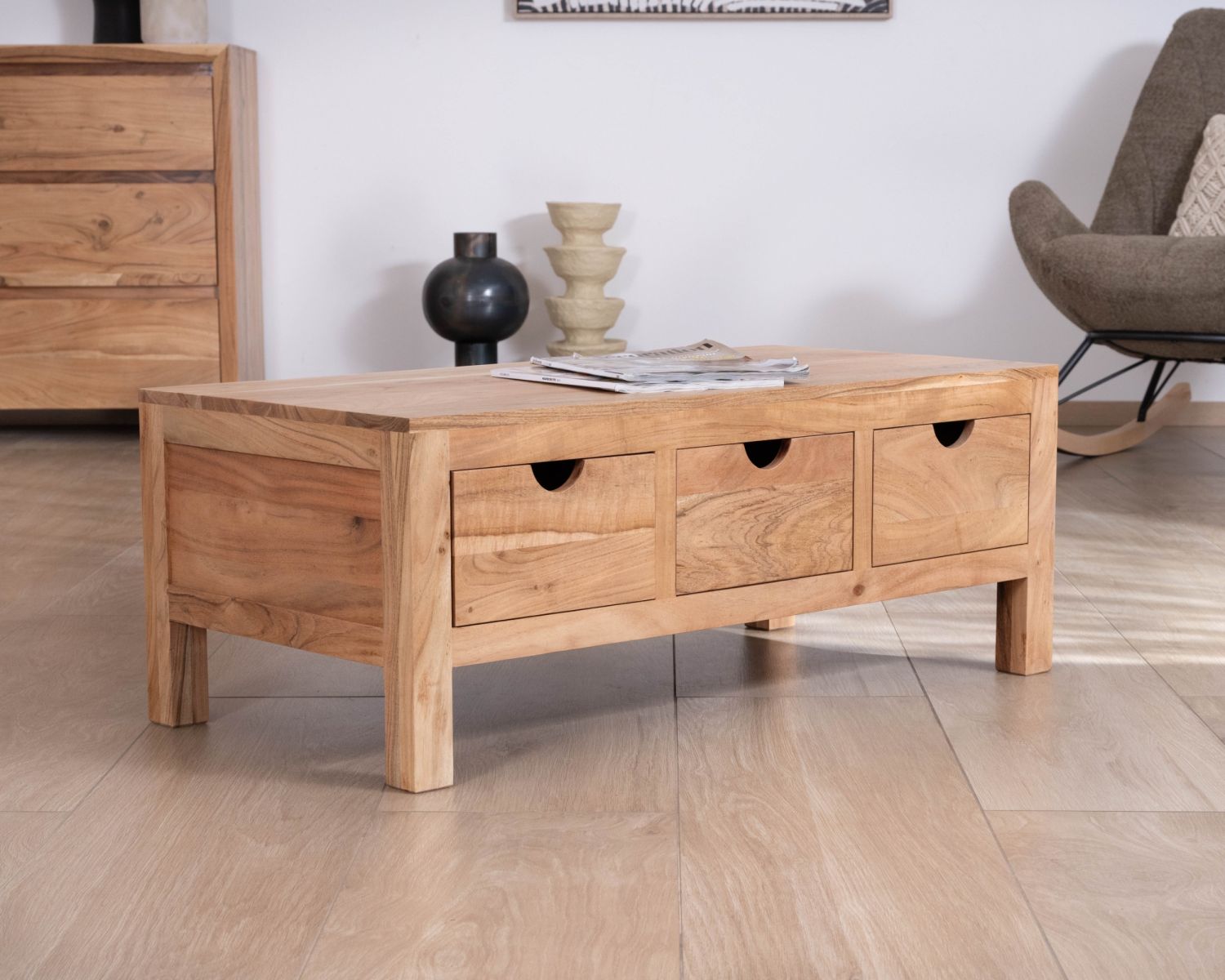 Tavolino rettangolare in acacia massiccia "Nüma" da 100 cm con cassetti