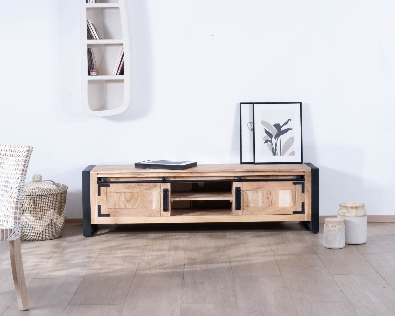 Porta TV industriale in legno e metallo 2 porte 2 scomparti "Montréal