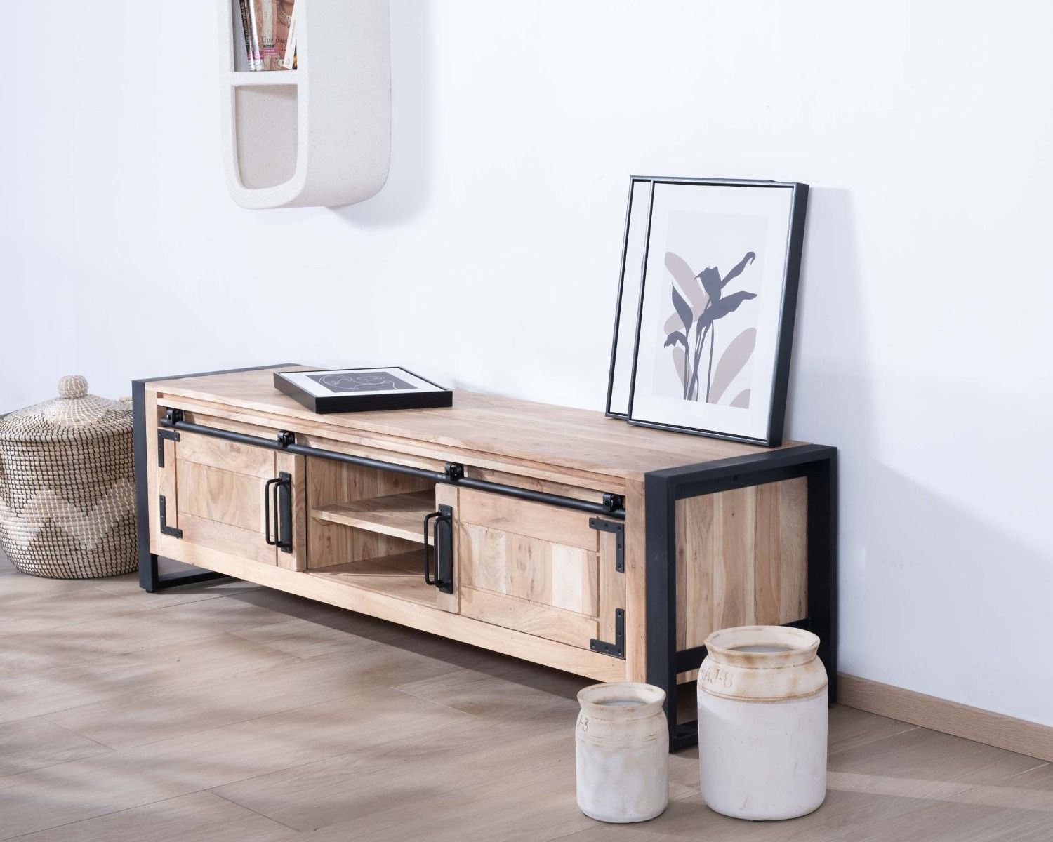 Porta TV industriale in legno e metallo 2 porte 2 scomparti "Montréal