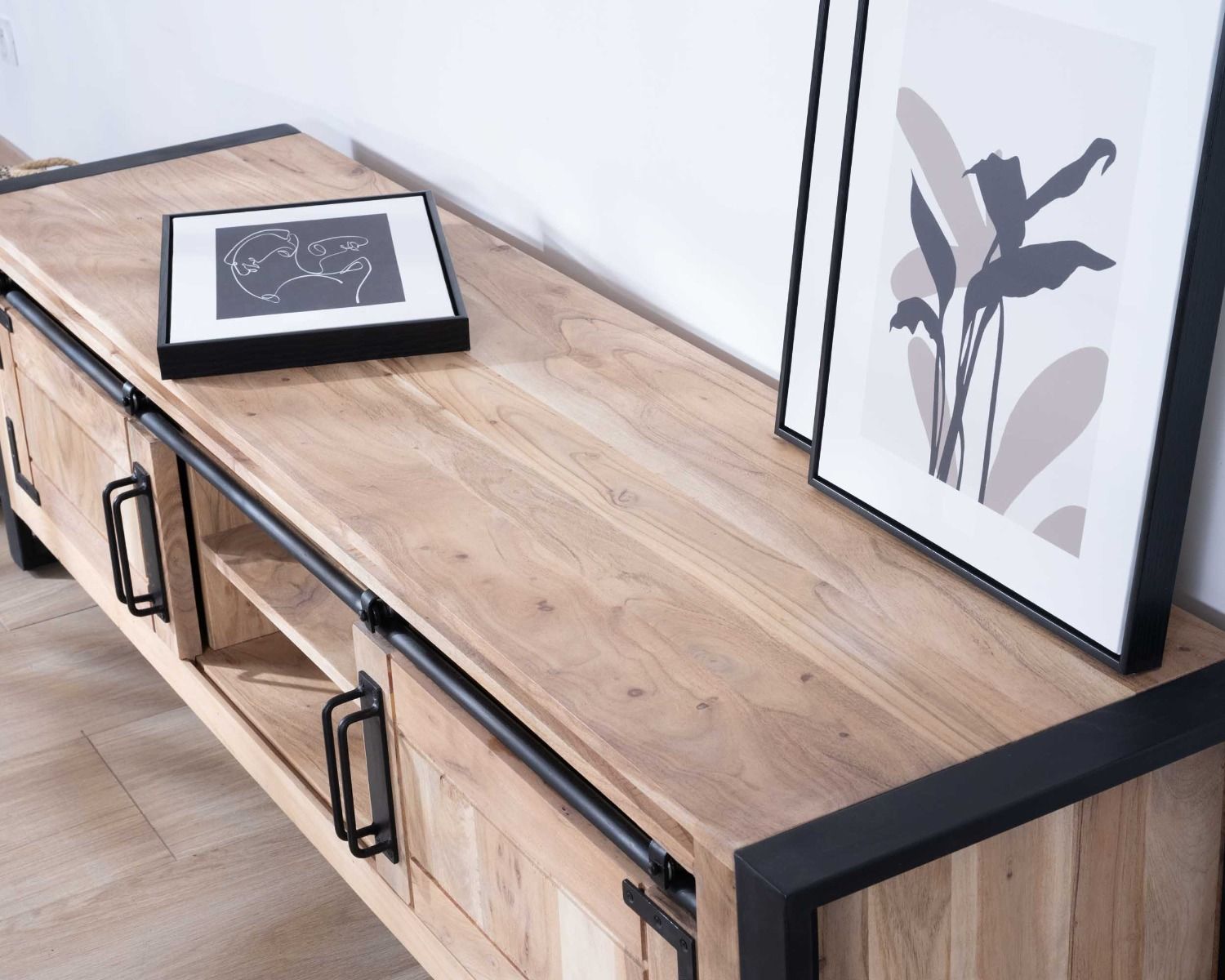 Porta TV industriale in legno e metallo 2 porte 2 scomparti "Montréal