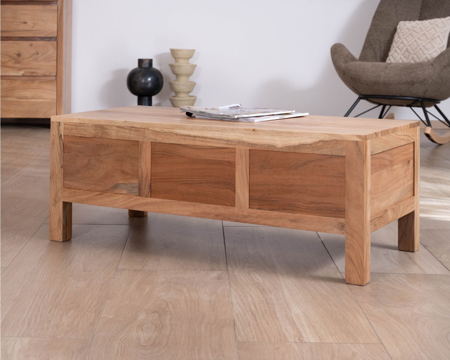 Tavolino rettangolare in acacia massiccia "Nüma" da 100 cm con cassetti