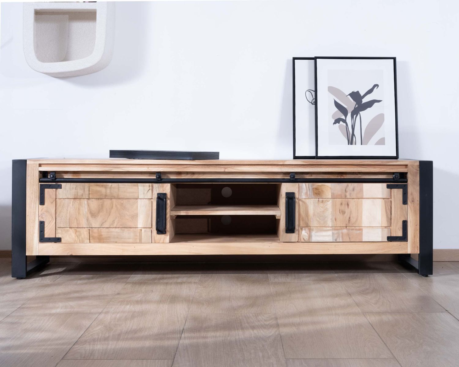 Porta TV industriale 180 cm in legno e metallo 2 porte 2 nicchie "Montreal