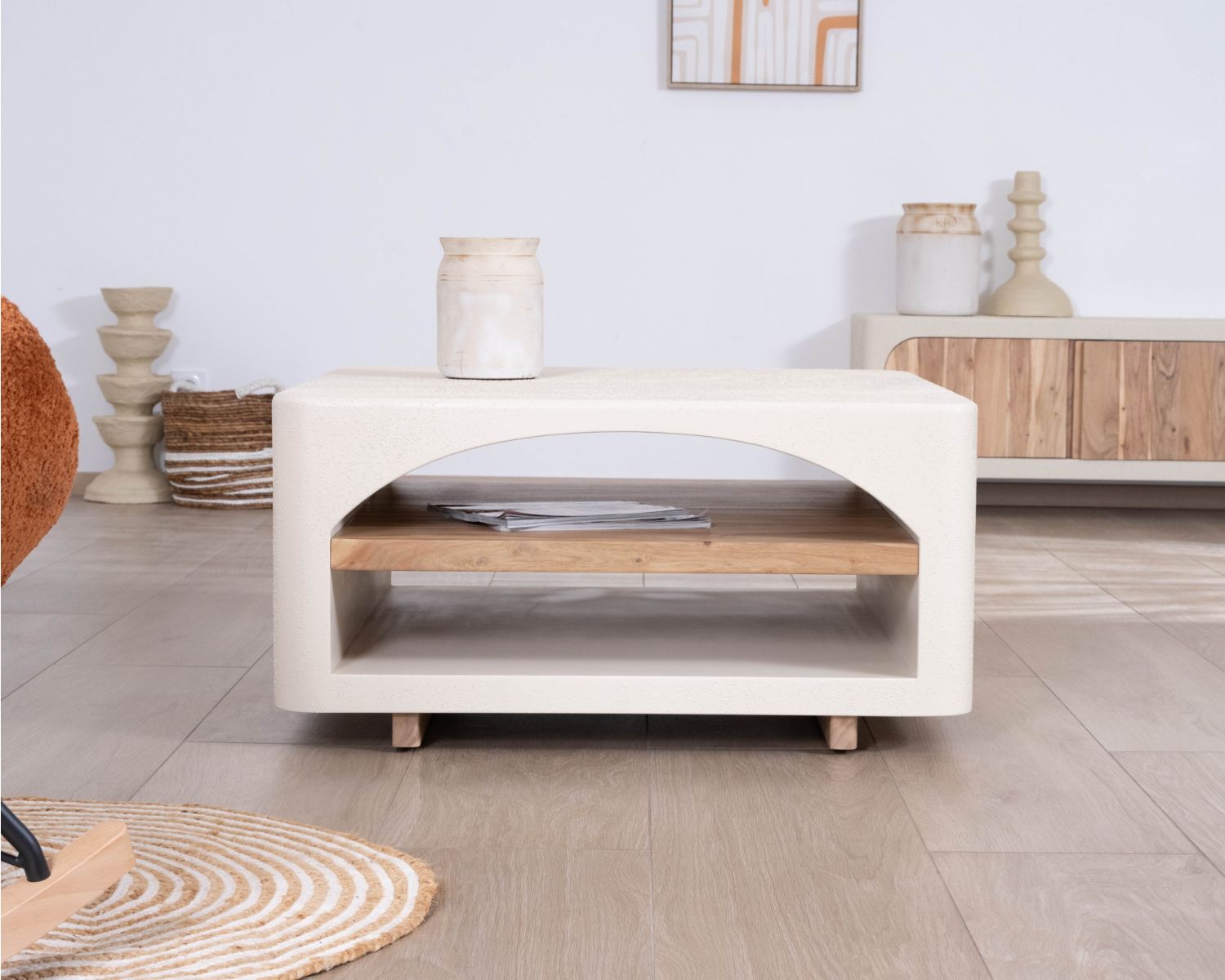 Tavolino quadrato "Miona", design organico con aspetto di cemento sabbiato