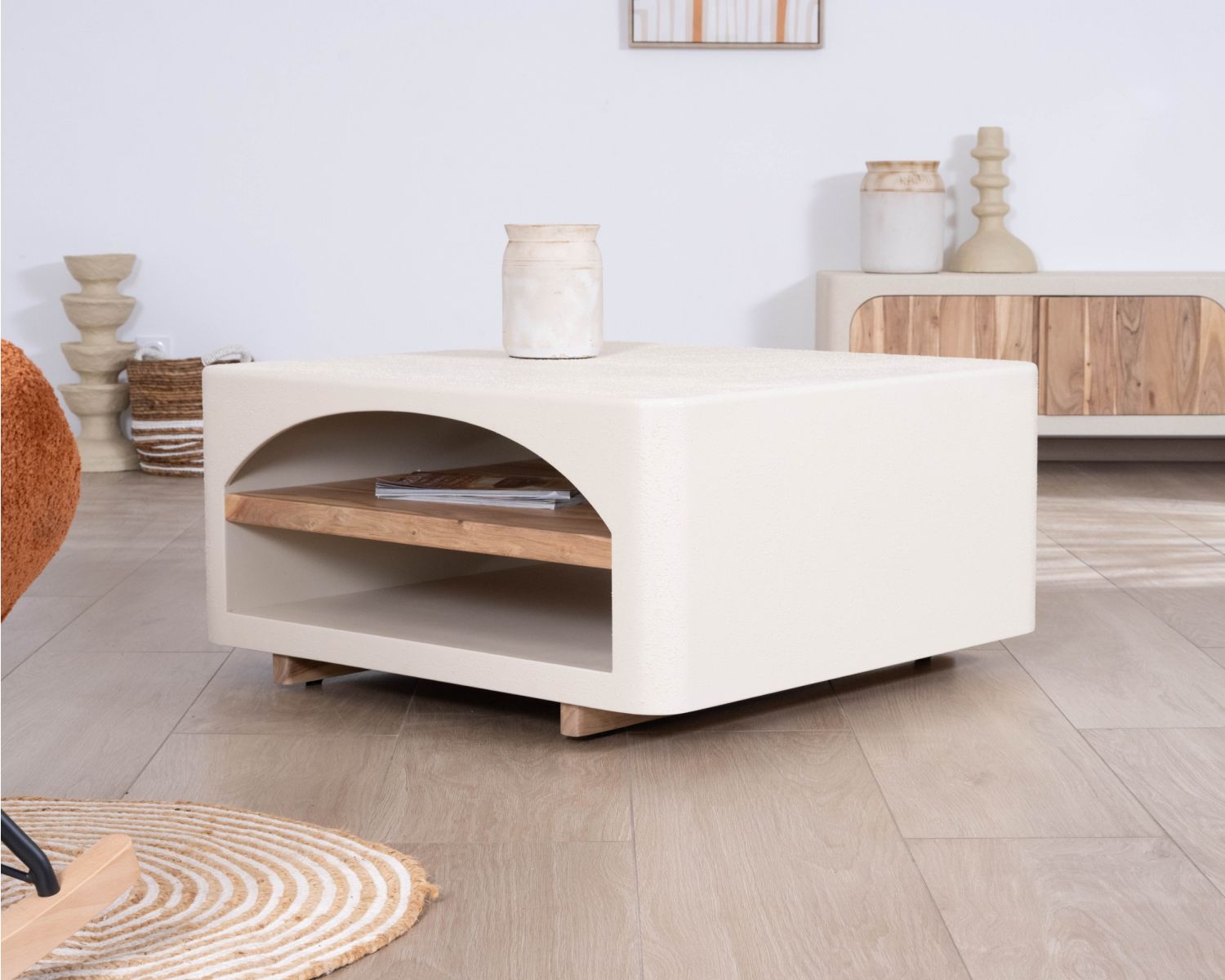 Tavolino quadrato "Miona", design organico con aspetto di cemento sabbiato