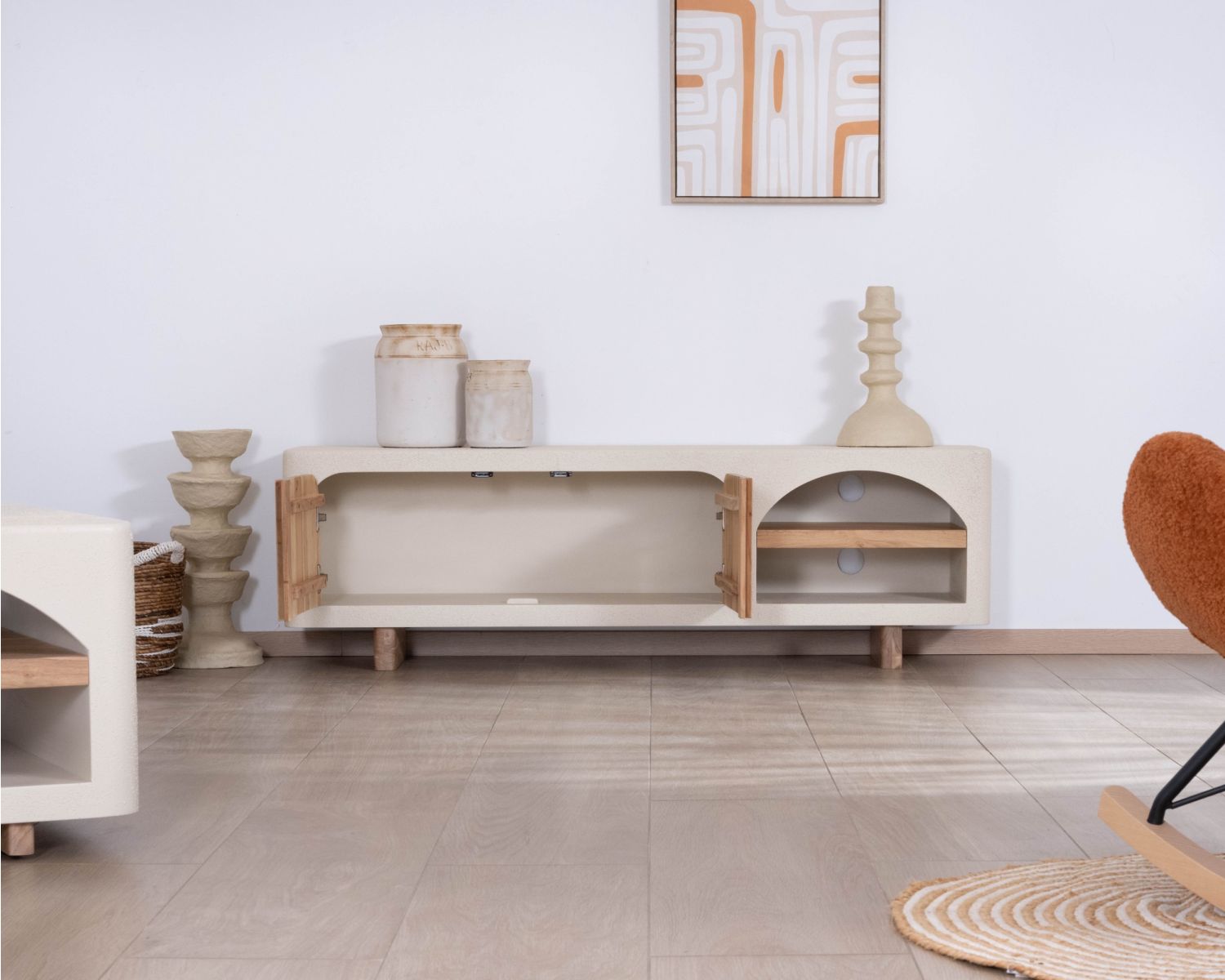 Mobile TV contemporaneo "Miona" in cemento sabbiato e look acacia