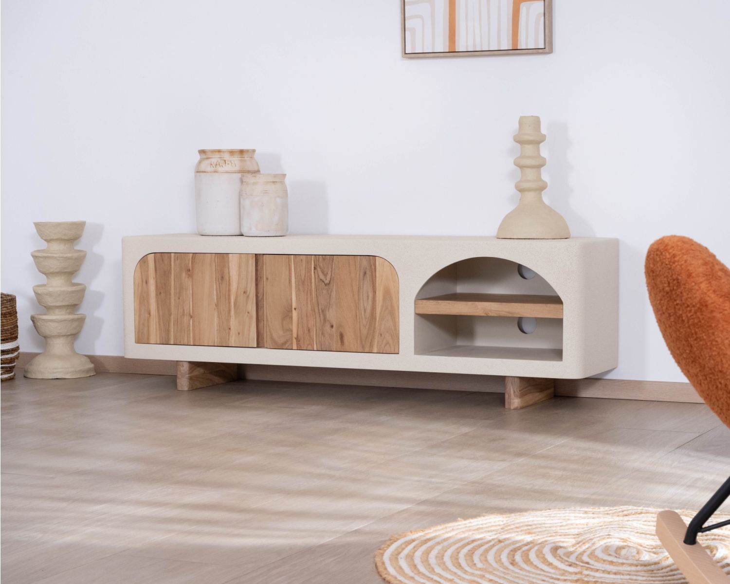 Mobile TV contemporaneo "Miona" in cemento sabbiato e look acacia