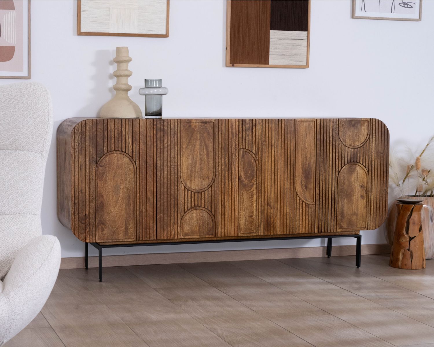 Credenza "Moky" in legno di mango a 4 ante in stile newtro 175 cm