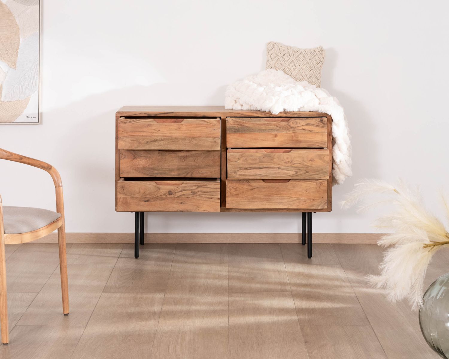 Cassettiera a 6 cassetti "Alto" in acacia naturale e metallo