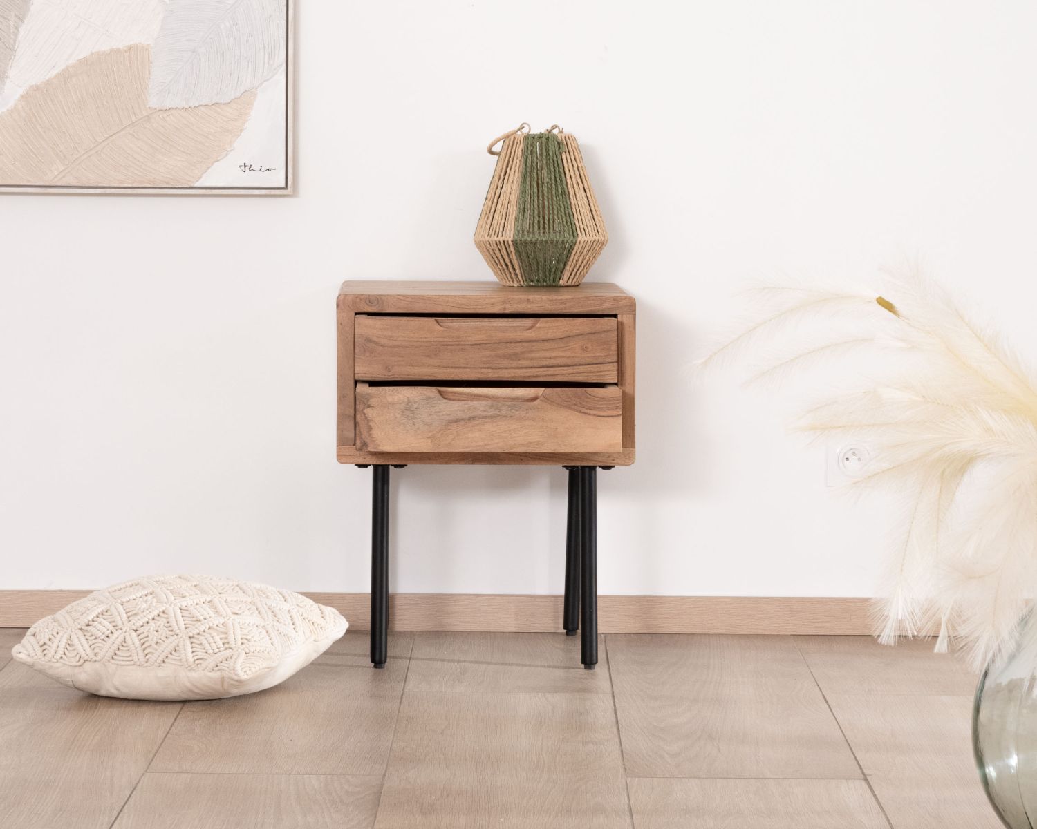 Comodino a 2 cassetti "Alto" in acacia naturale e metallo