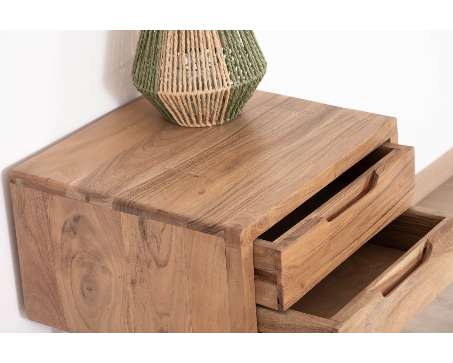 Comodino a 2 cassetti "Alto" in acacia naturale e metallo