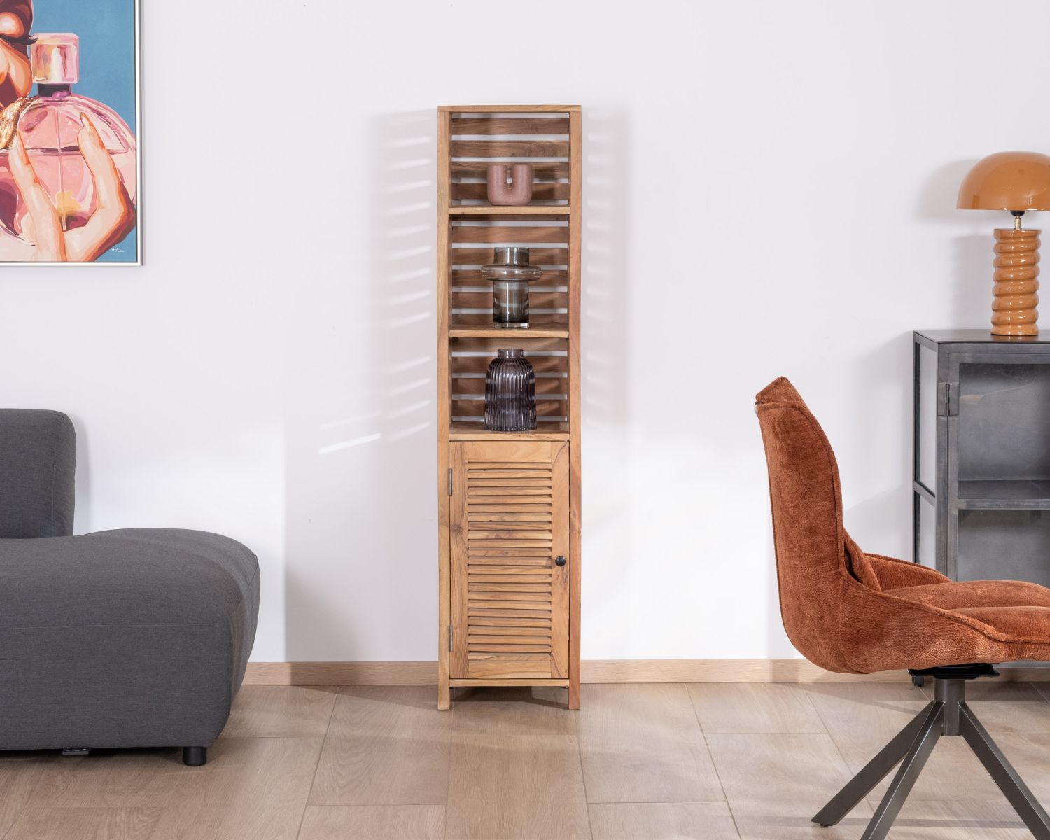 Contenitore "Conoa" con struttura a lamelle in legno di acacia