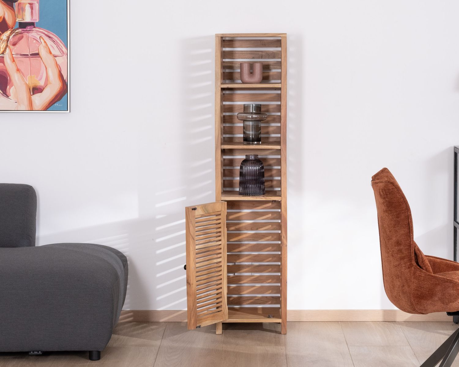 Contenitore "Conoa" con struttura a lamelle in legno di acacia