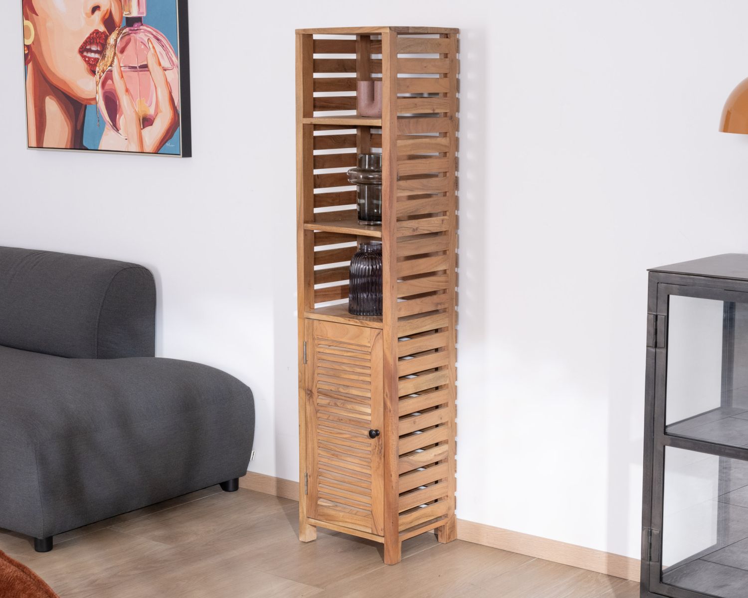 Contenitore "Conoa" con struttura a lamelle in legno di acacia