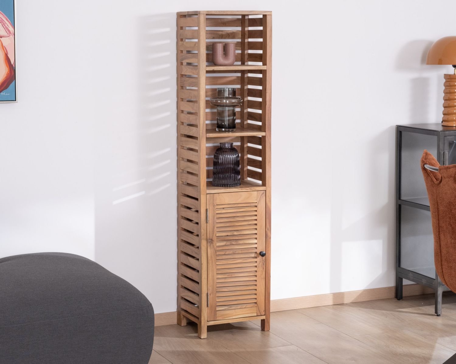 Contenitore "Conoa" con struttura a lamelle in legno di acacia