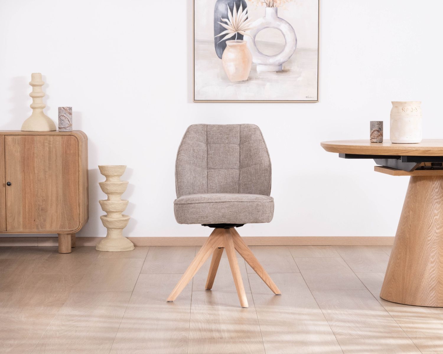 Sedia da pranzo in stile scandinavo "Miloé" in tessuto di ciniglia grigio e gambe in legno a 360 gradi