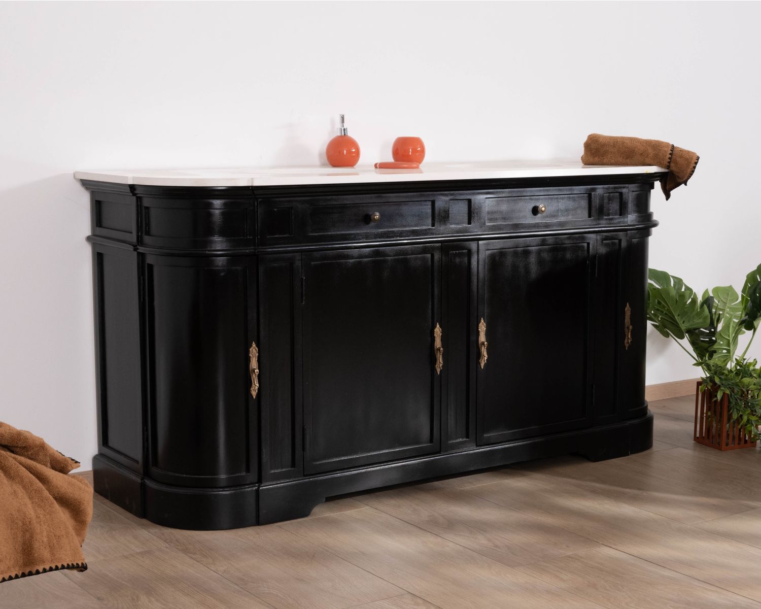 Mobile lavabo doppio "Églantine" con angoli arrotondati in legno nero e quarzo bianco