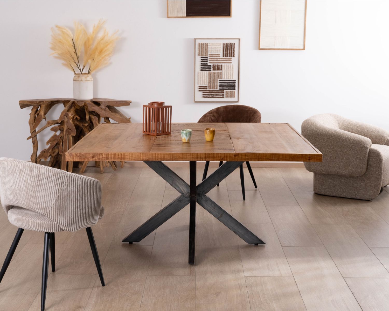 Tavolo quadrato di design in metallo e legno massiccio "Bronx" 130x130cm