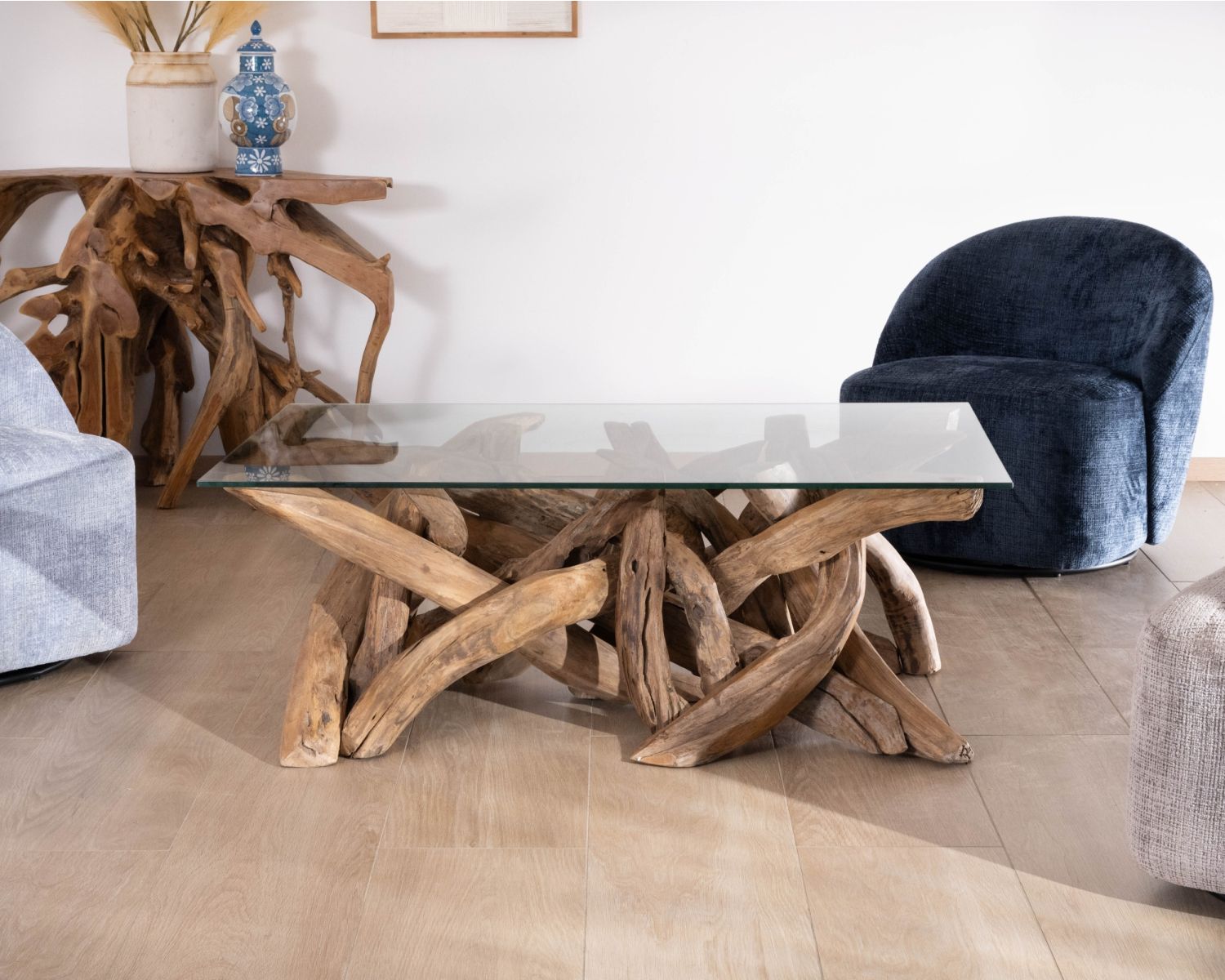 Tavolino rettangolare da 120 cm in legno di teak recuperato con piano in vetro "Kanoa"