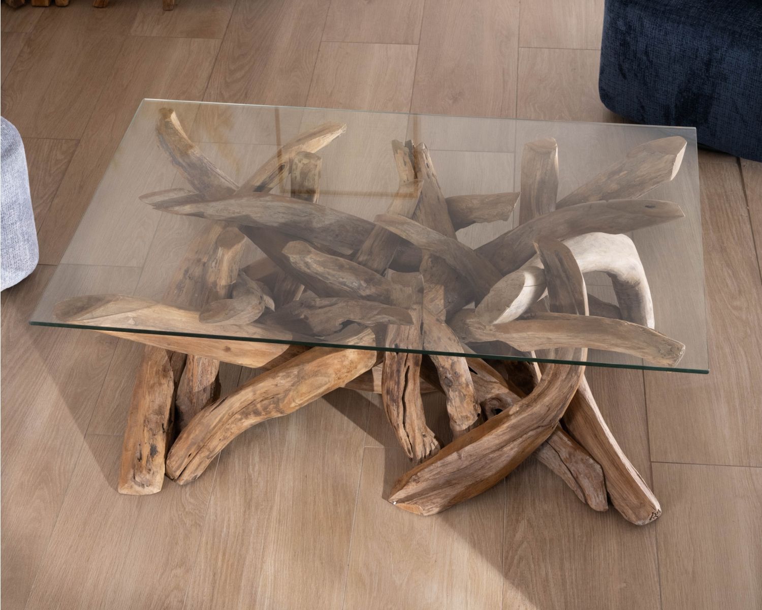 Tavolino rettangolare da 120 cm in legno di teak recuperato con piano in vetro "Kanoa"