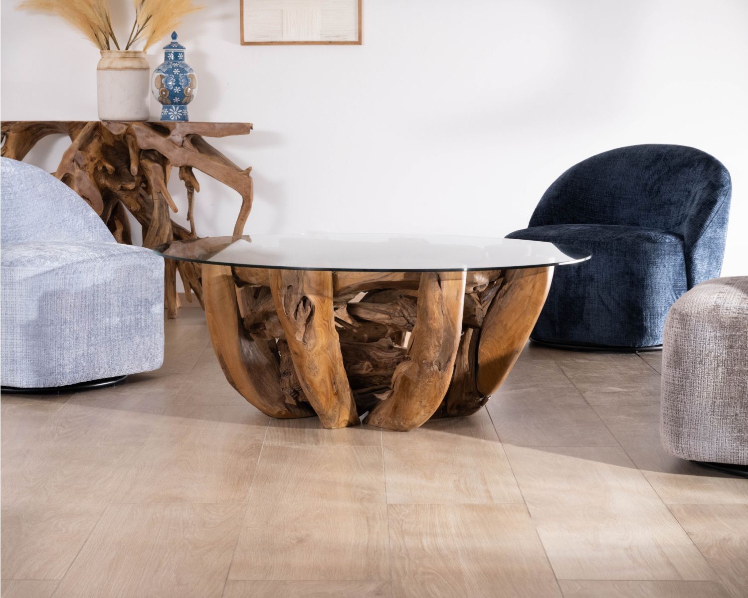 Tavolino rotondo "Kanoa" da 120 cm in legno driftwood e piano in vetro