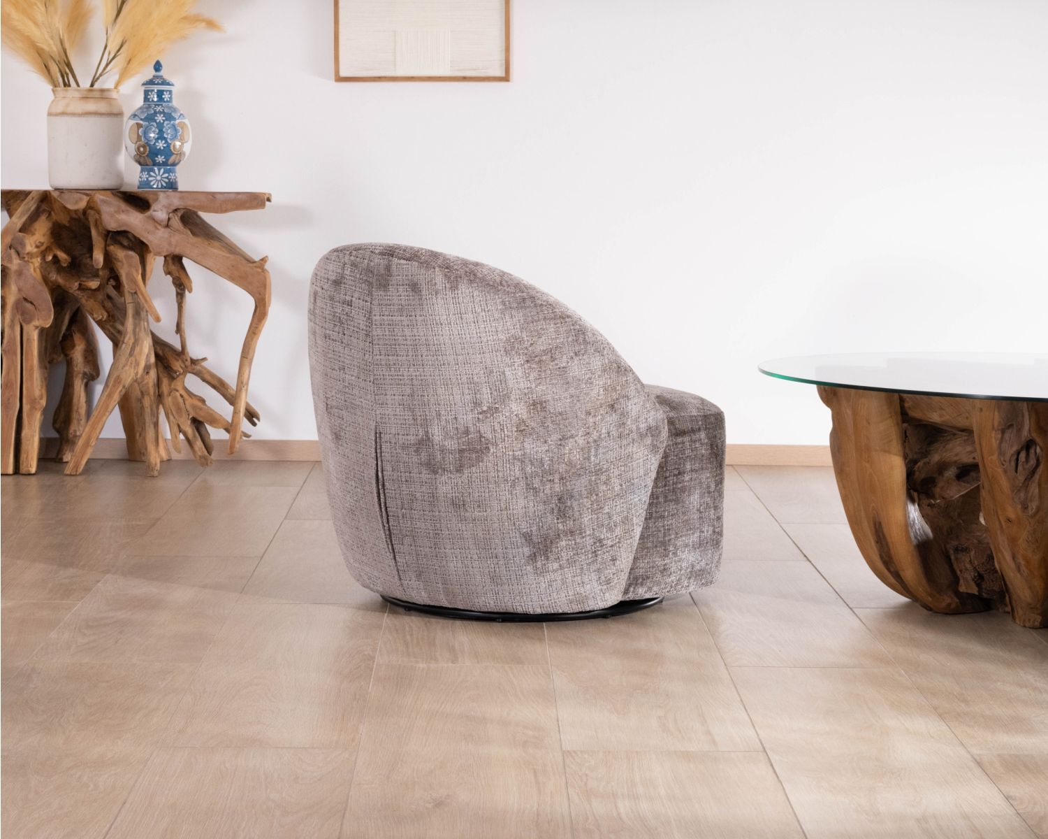 Poltroncina girevole "Marylin" in tessuto bouclette grigio cenere