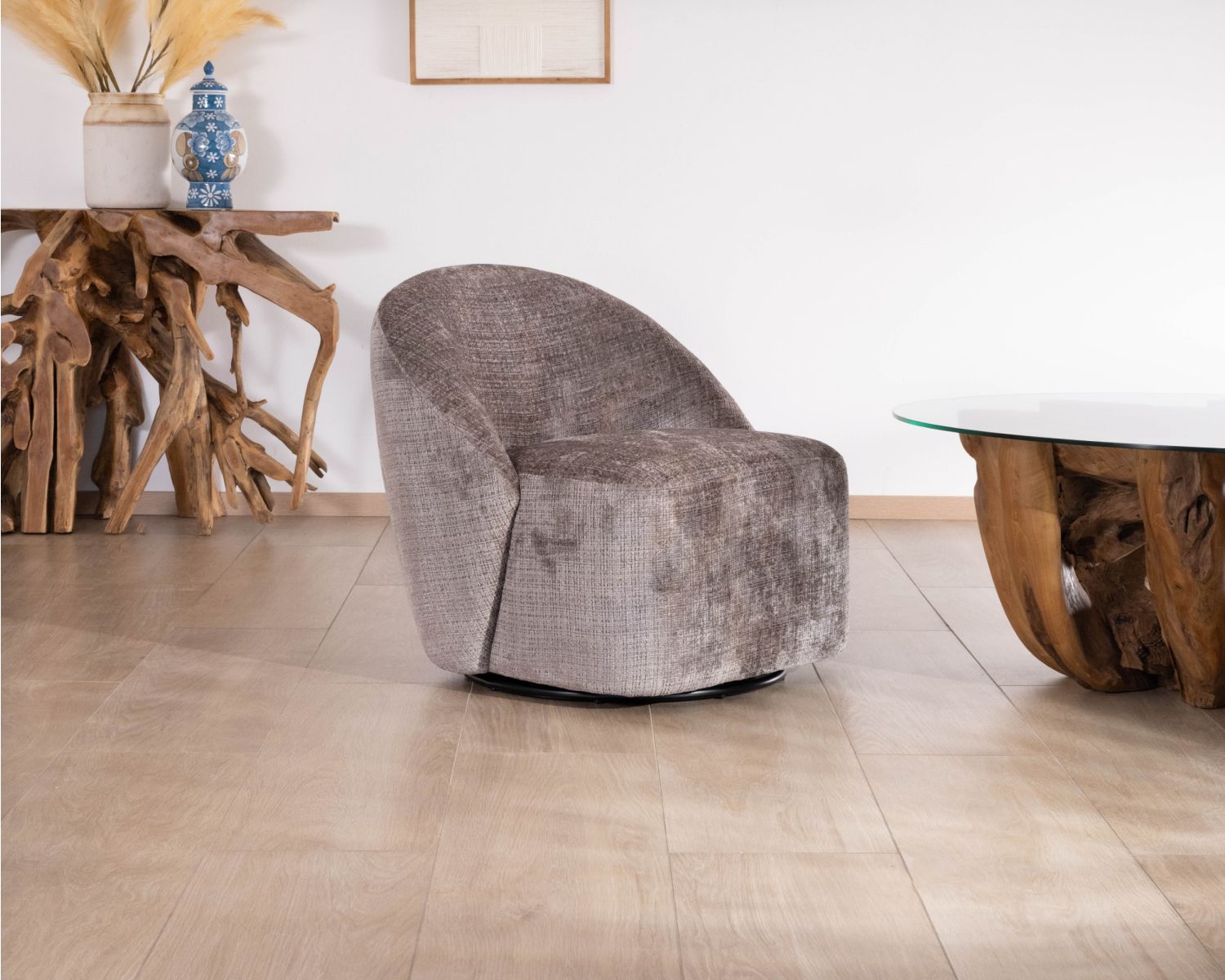 Poltroncina girevole "Marylin" in tessuto bouclette grigio cenere