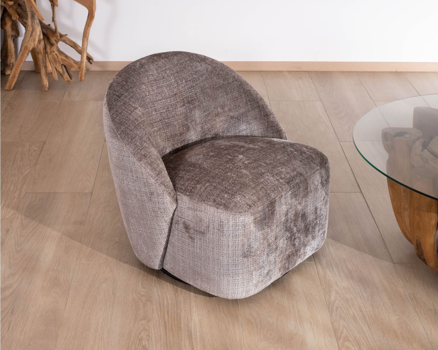 Poltroncina girevole "Marylin" in tessuto bouclette grigio cenere