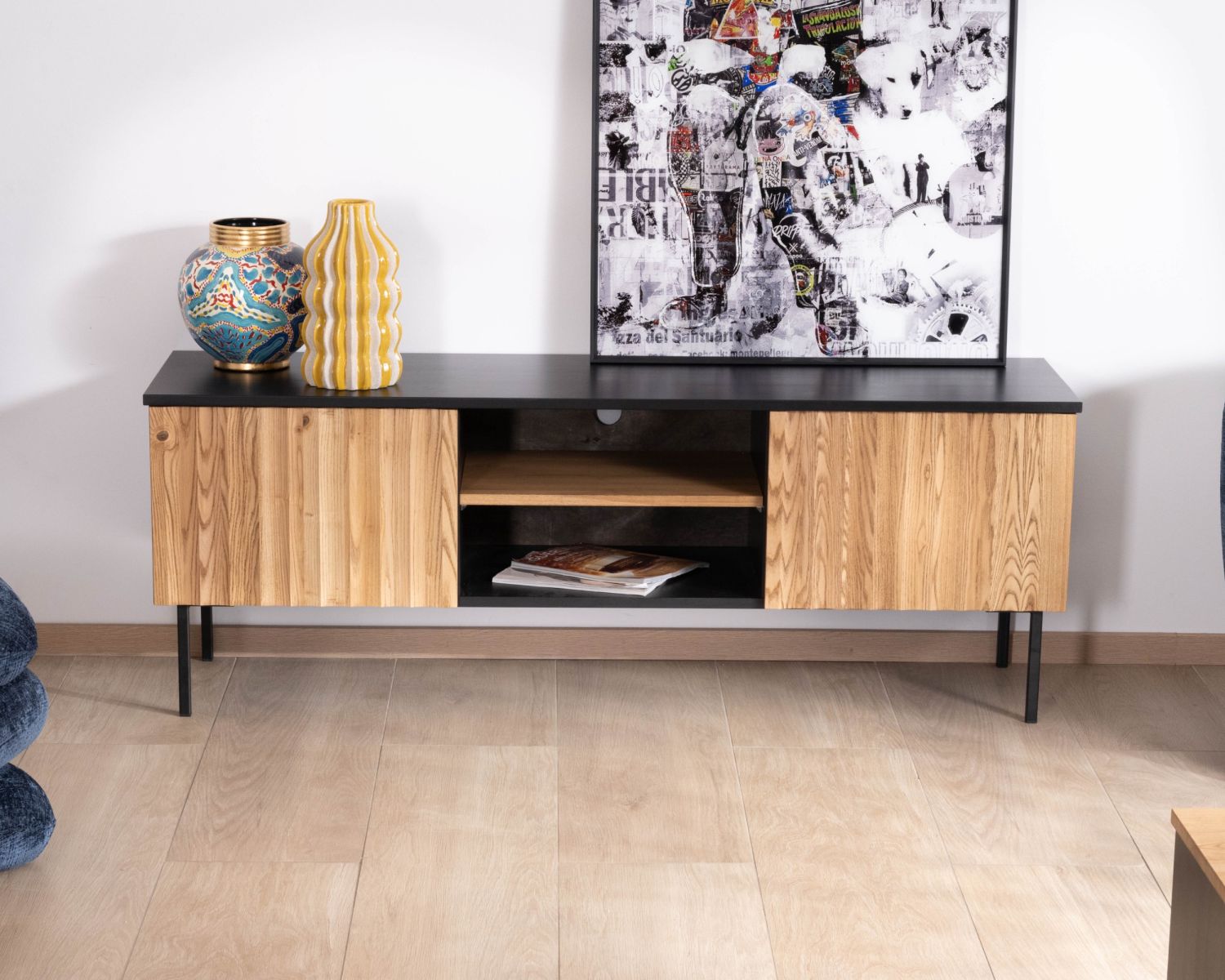 Panca TV "Sydney" in frassino massiccio oliato a due ante da 160 cm