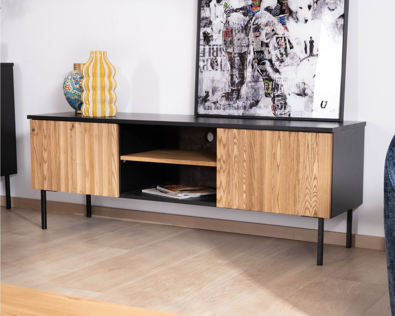 Panca TV "Sydney" in frassino massiccio oliato a due ante da 160 cm