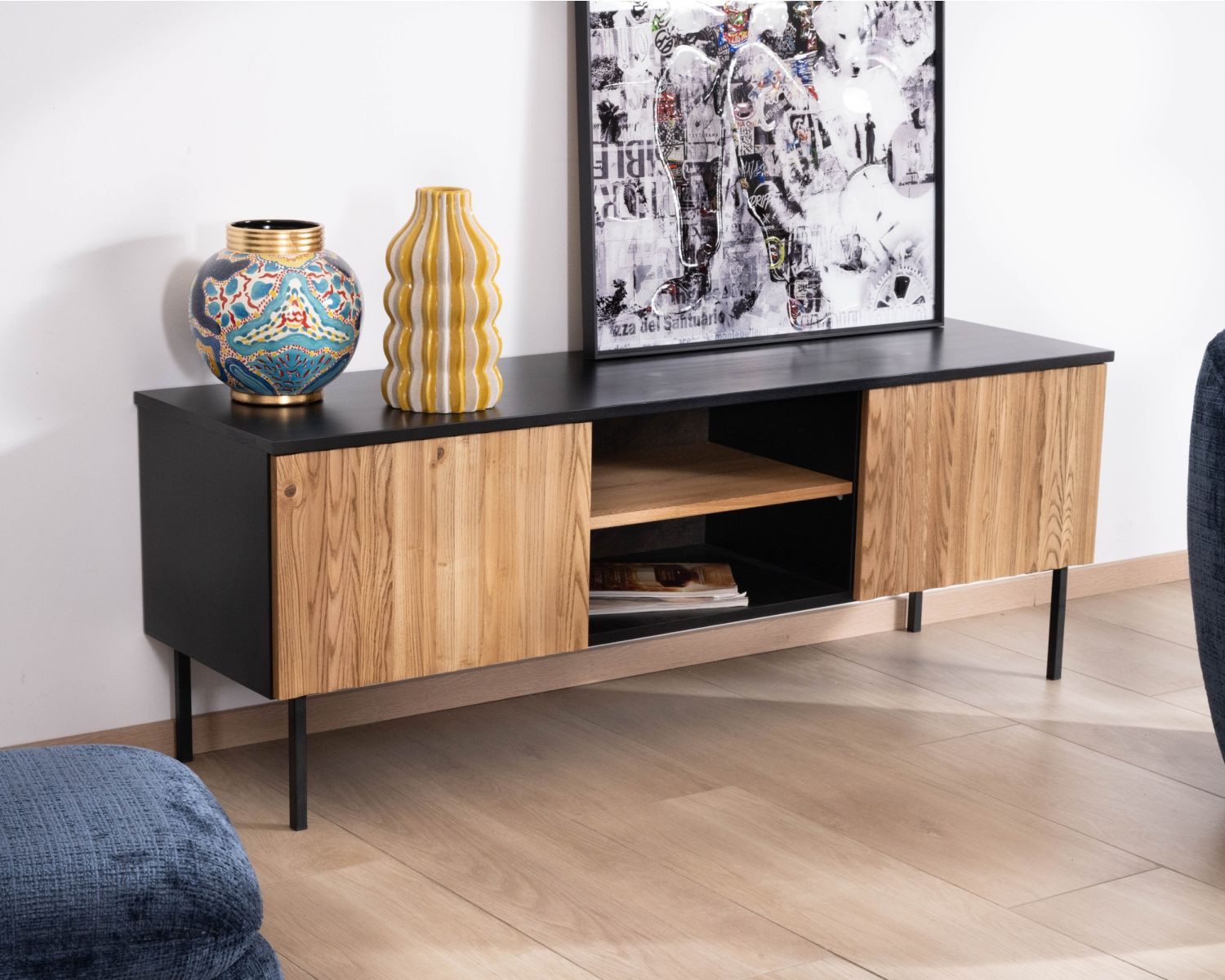 Panca TV "Sydney" in frassino massiccio oliato a due ante da 160 cm