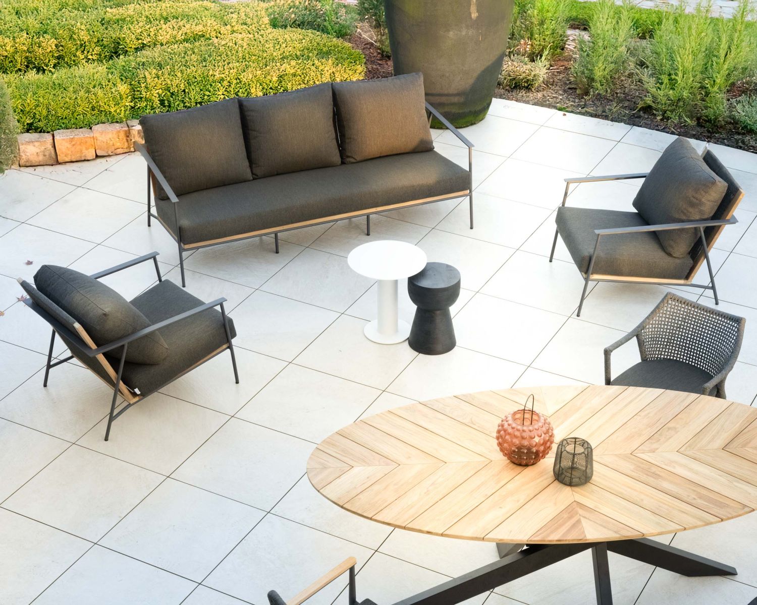 Set di 3 pezzi da giardino "Hélios" in alluminio, teak e tessuto speciale per esterni grigio scuro