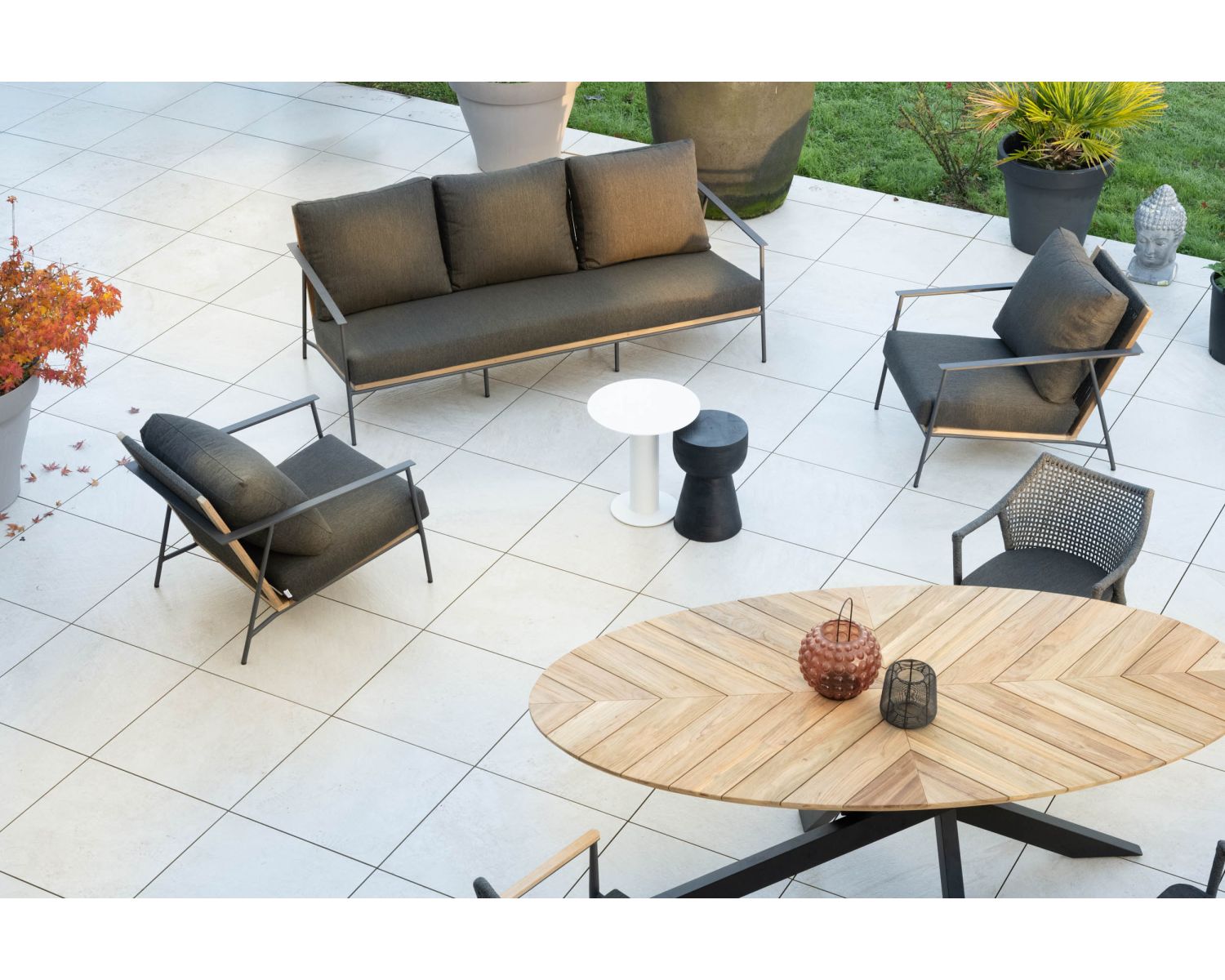 Set di 3 pezzi da giardino "Hélios" in alluminio, teak e tessuto speciale per esterni grigio scuro