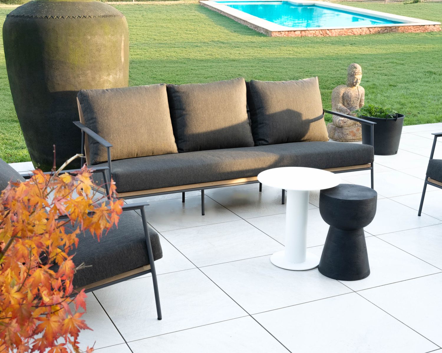 Set di 3 pezzi da giardino "Hélios" in alluminio, teak e tessuto speciale per esterni grigio scuro