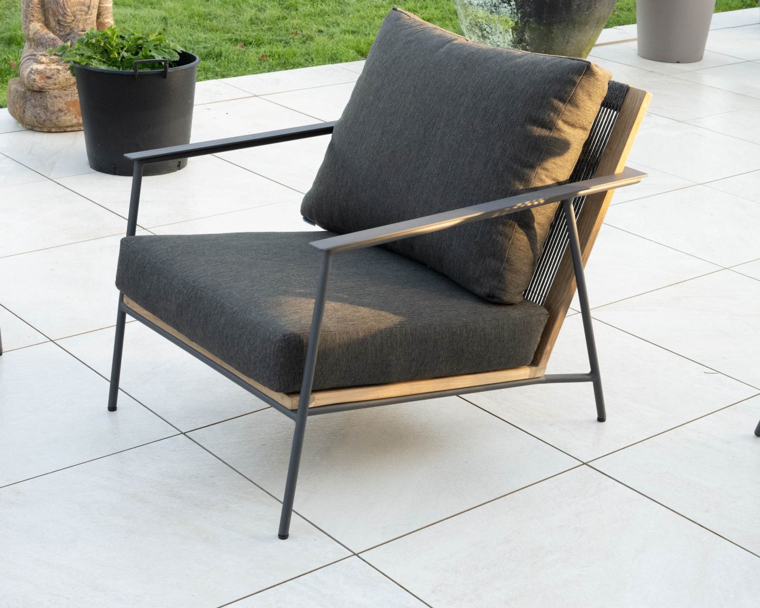 Set di 3 pezzi da giardino "Hélios" in alluminio, teak e tessuto speciale per esterni grigio scuro