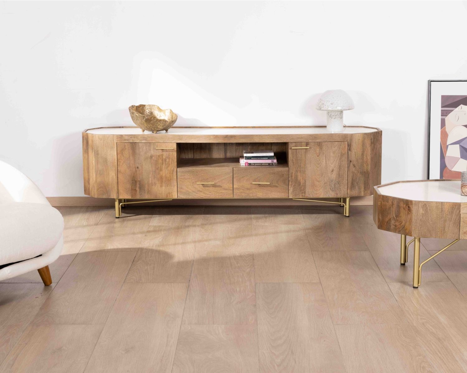 Mobile TV retrò-chic da 180 cm con piano in terrazzo bianco "Bruges