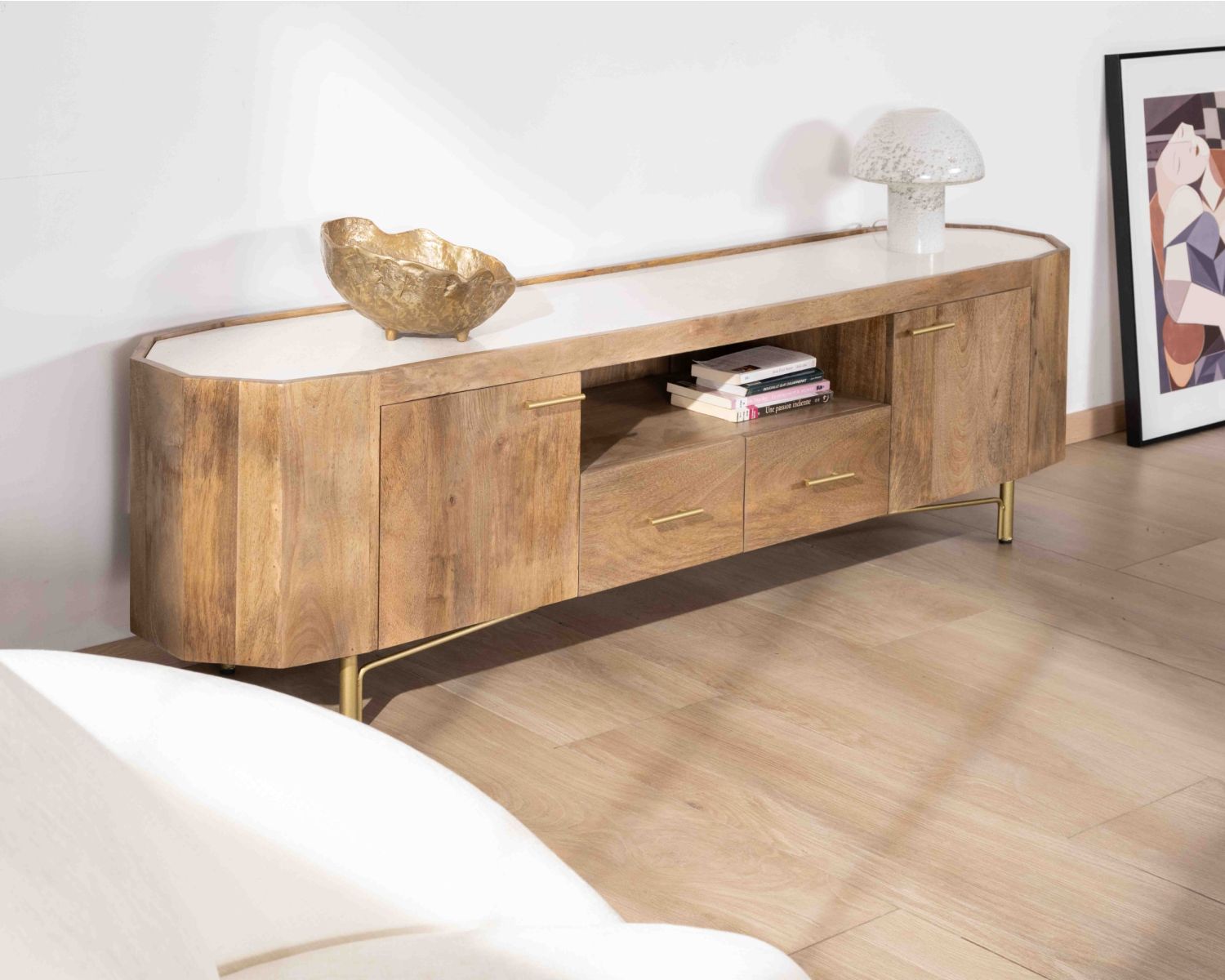 Mobile TV retrò-chic da 180 cm con piano in terrazzo bianco "Bruges