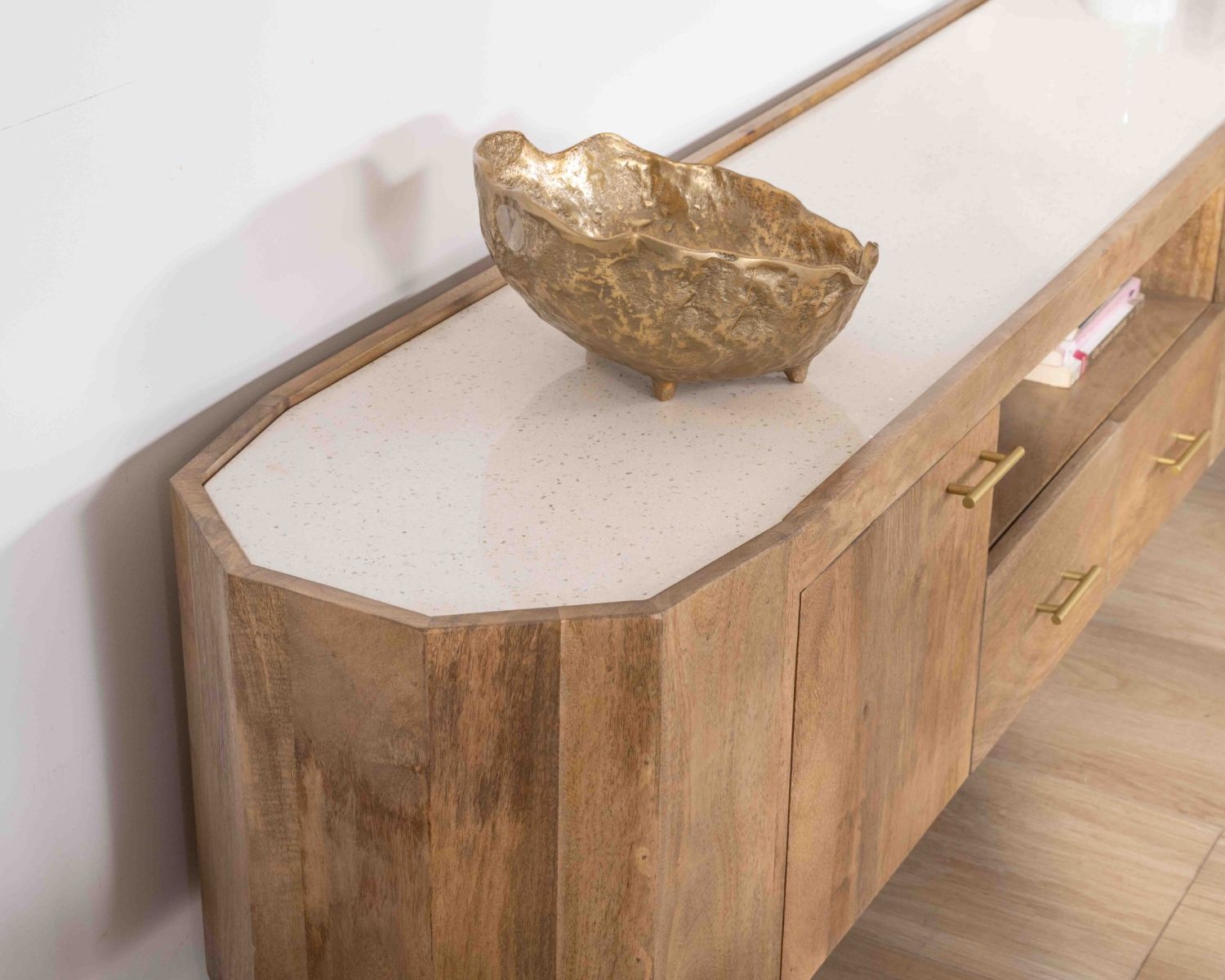 Mobile TV retrò-chic da 180 cm con piano in terrazzo bianco "Bruges