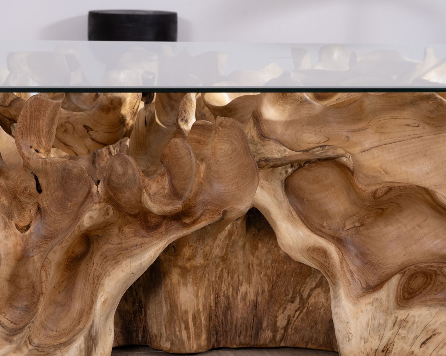 Tavolino "Jungle" in radice di teak naturale con piano rettangolare in vetro