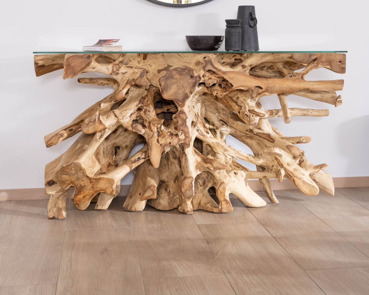 Consolle con radice in teak naturale e piano in vetro "Jungle