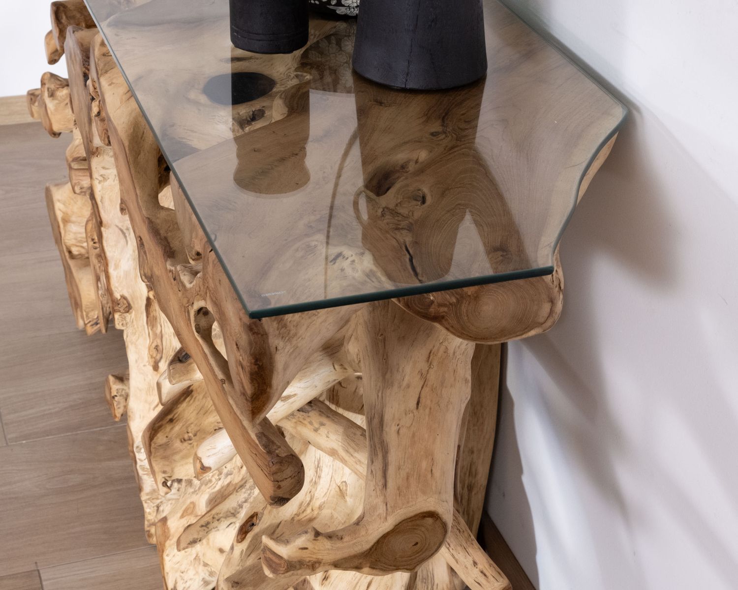 Consolle con radice in teak naturale e piano in vetro "Jungle