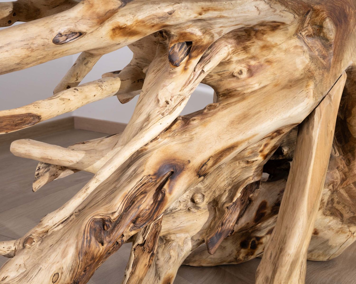 Consolle con radice in teak naturale e piano in vetro "Jungle