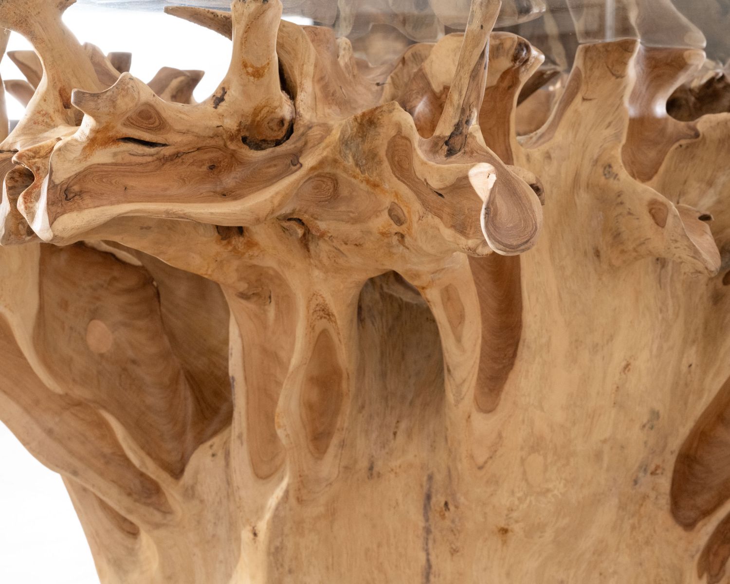 Tavolo da pranzo rotondo in radice di teak naturale con piano in vetro "Jungle