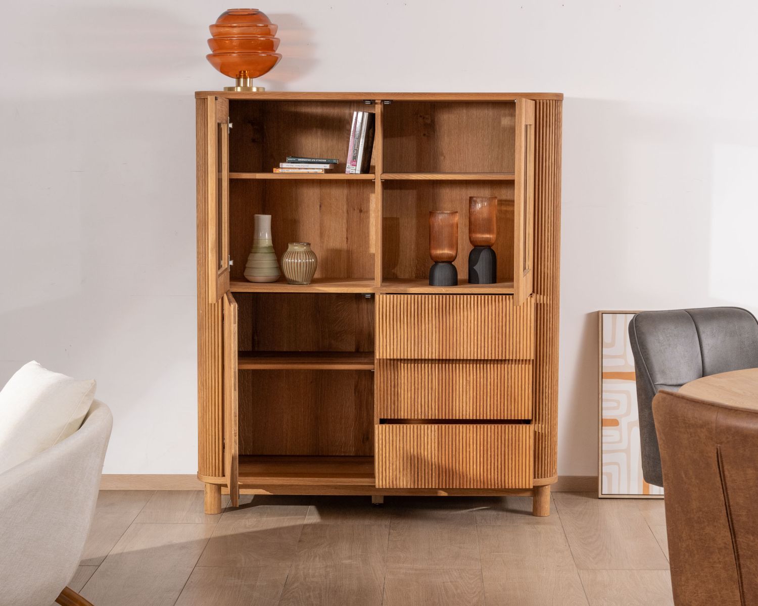 Cassettiera con frontali scanalati in stile retrò in rovere oliato "Winton"