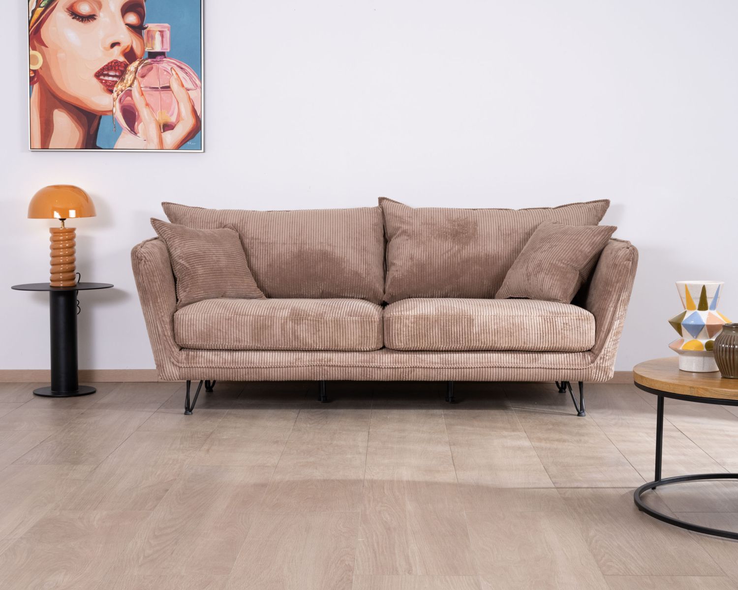 Divano a 3 posti "Hasting" in velluto a coste color cammello