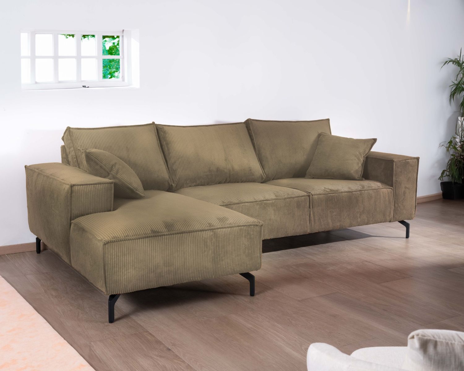 Divano angolare in velluto a coste con meridienne "Pueblo" in una scelta di sensi e di colori