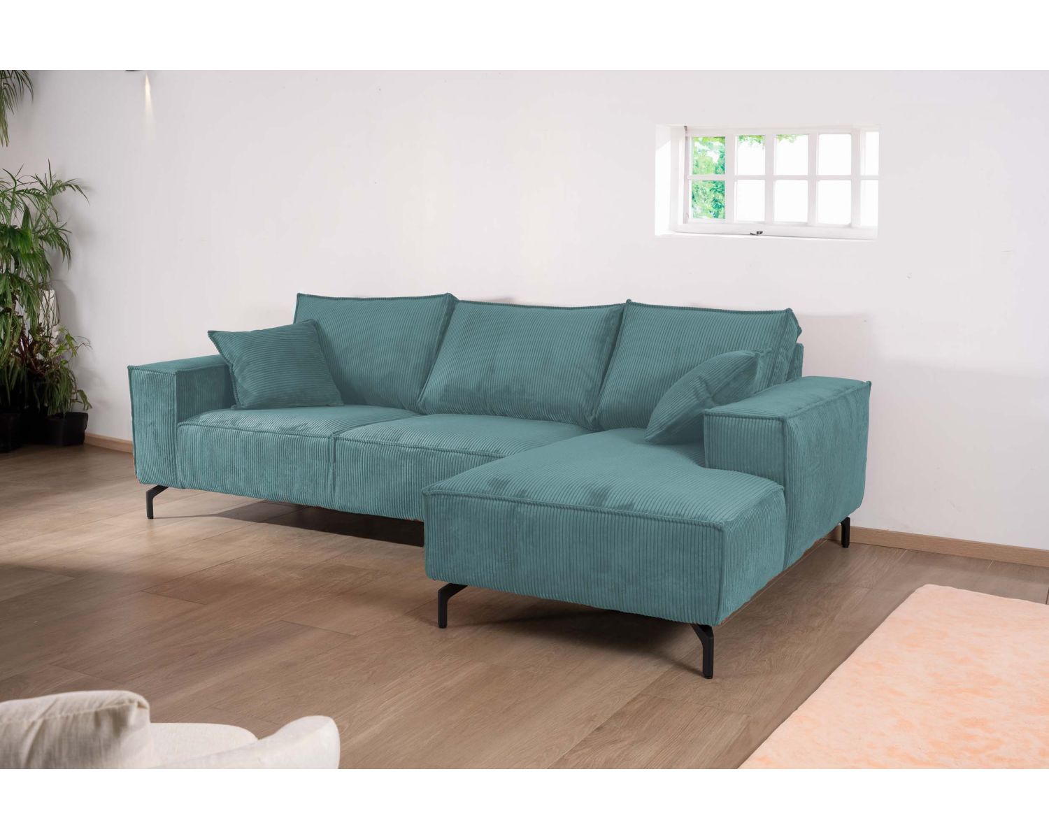 Divano angolare in velluto a coste con meridienne "Pueblo" in una scelta di sensi e di colori