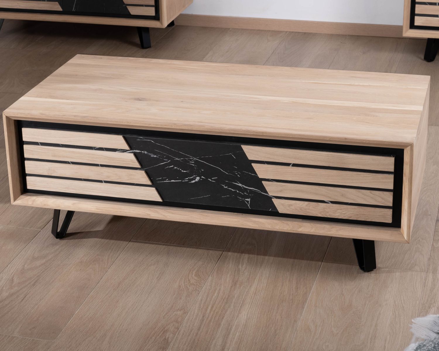 Tavolino rettangolare a 1 cassetto in rovere sbiancato con frontale effetto marmo "Storia"