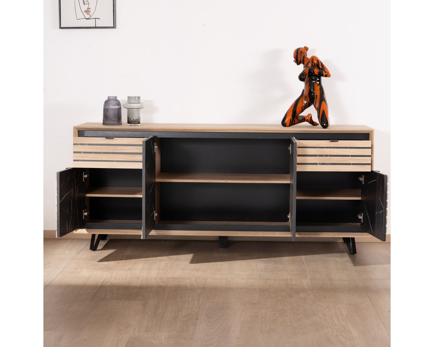 Credenza da 200 cm in rovere sbiancato e decoro "Storia" con effetto marmo